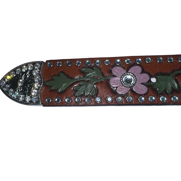 3-D Rhinestone Hand Tooled Hand Painted Leather Belt Bling Buckle Retro 38 main image 7